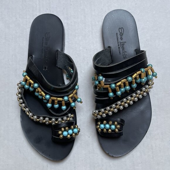 Elina Linardaki Sandals Women 38 US 7 Black Beaded Toe Loop Boho Beach Festival - Picture 1 of 7